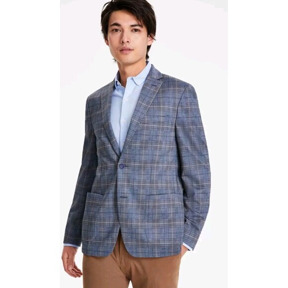 Bar III Men's Blue Collared 100% Linen Slim Fit Two Button Suit Jacket Sz 40R